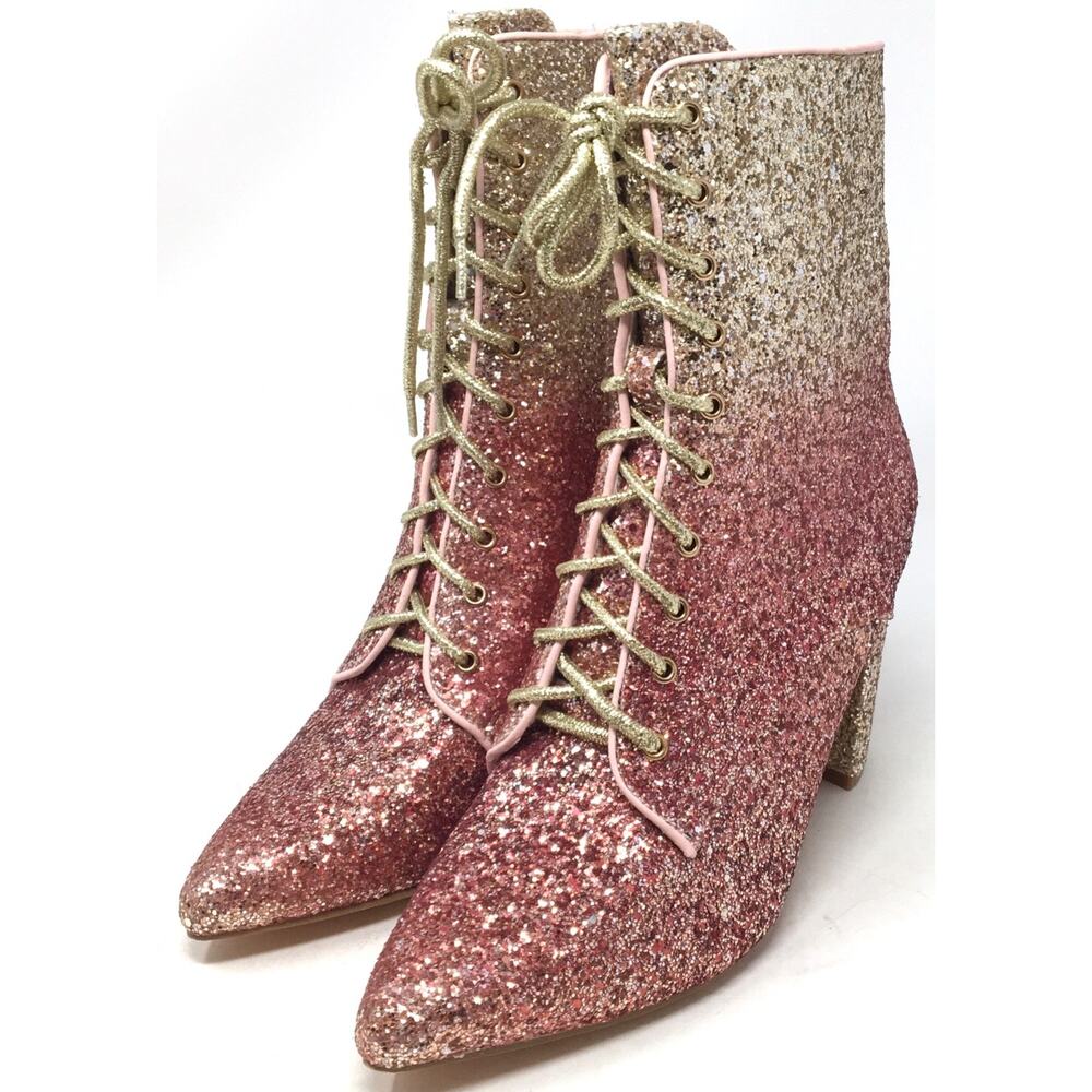 Glitter Ombre Lace Up High Heel Boots Gold Pink Block Heel Party Shoes Size 9 - Picture 3 of 7
